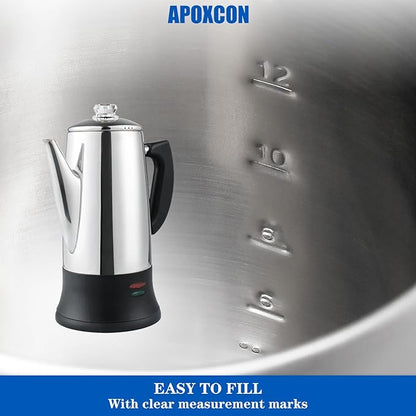 Electric Coffee Percolator Stainless Steel Coffee Maker with Heat Resistant Tough Glass Clear Brew Progress Knob, Keep Warm & Cordless Serving Classic Coffee Pot with On/OFF Switch 12 Cup