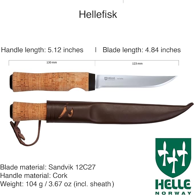HELLE Knives - Hellefisk - Fixed Blade - Fishing Knife - Birch Wood Handle - 12C27 Stainless Steel - Made in Norway