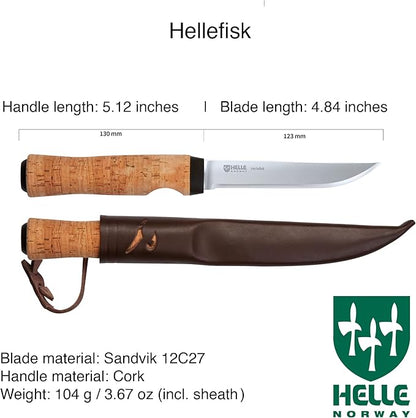 HELLE Knives - Hellefisk - Fixed Blade - Fishing Knife - Birch Wood Handle - 12C27 Stainless Steel - Made in Norway