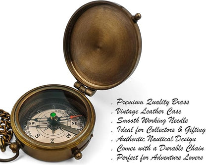 Brass Pocket Compass Hand Made Fully Functional Compass Antique Nautical Replica Item with Leather Case.