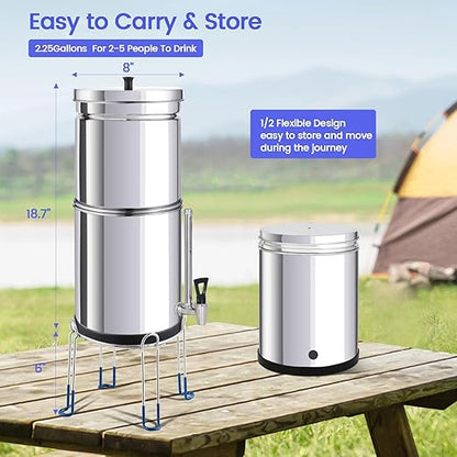 NSF/ANSI 42&372 Standard Stainless Steel Portable Gravity-Fed Water Filter System 2.25 Gallons Water Filter System with Filter and Sight Glass Spigot at Home and Camping