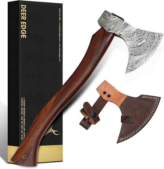 Damascus Axe | Wooden Axe | Axe with Leather Sheath | Wooden Handle