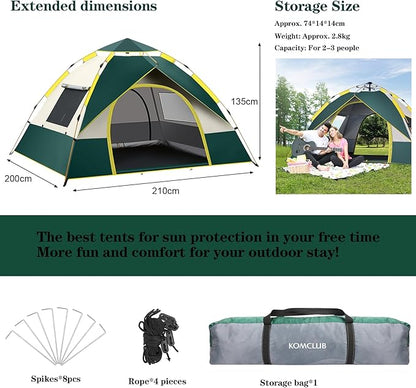 KOMCLUB Camping Tent 1/2/3 Person Tents for Family Camp Tent Waterproof Windproof Outdoor for Backpacking Hiking Easy Setup with Storage Bag,8 Ground ding,4 Windproof Rope