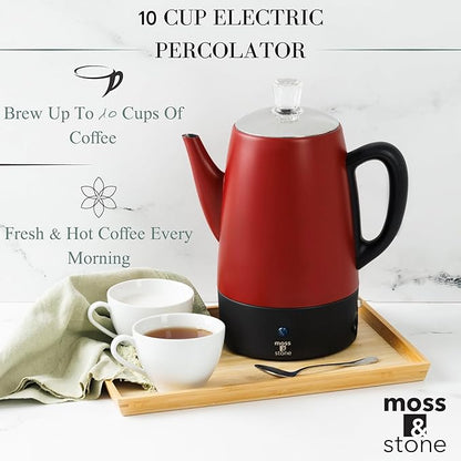 Moss & Stone Electric Coffee Percolator – Red Body Coffee Maker with Stainless Steel Lid, Percolator Electric Pot, Fast Boil 10 Cup Red Camping Coffee Pot