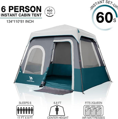 CAMEL CROWN Cabin Tent with 1-Minute Setup, 4/6 Person Instant Tent with Weatherproof Floor