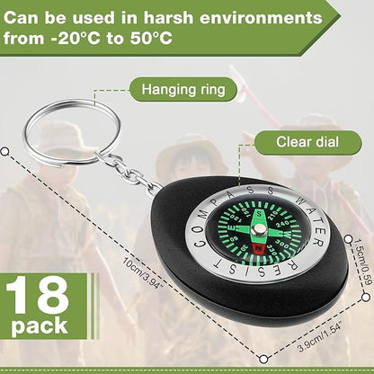 Janinka 18 Pcs Small Keychain Compass for Kids Mini Pocket Survival Compass Bulk for Outdoor Hiking Camping Hunting Climbing