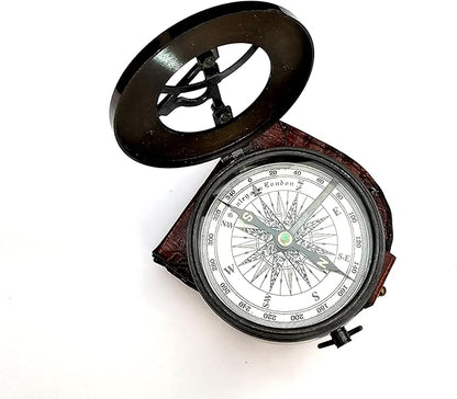 Nautical Camping Hiking Handmade Direction Compass Antique Brass Sundial Style Compass with Leather Case Gifts for Graduation, Baptism, Confirmation Boys, Girls
