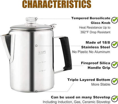 Multi Use 9 Cup Coffee Pot Bundle Coffee Percolator with 2 Mugs Stainless Steel Coffee Maker with Two Heat Resistant Borosilicate Glass Knob Fireproof Silica Handle Using on any Stovetop
