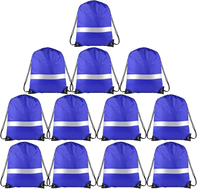 KUUQA 12 Pcs Drawstring Backpack Bag Bulk Reflective Backpack Blue String Bags Cinch Sack Backpack for Team Yoga Sport Gym Traveling