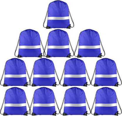 KUUQA 12 Pcs Drawstring Backpack Bag Bulk Reflective Backpack Blue String Bags Cinch Sack Backpack for Team Yoga Sport Gym Traveling