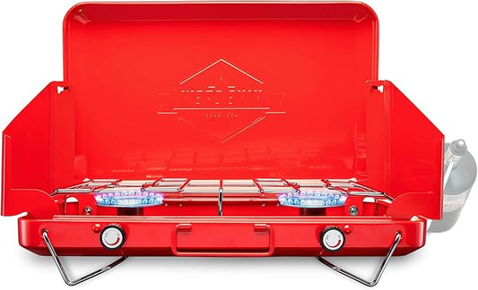 Hike Crew Gas Camping Stove | Portable Double Propane Burner | Built-in Carrying Handle, Foldable Legs & Wind Panels | Includes Regulator Tube