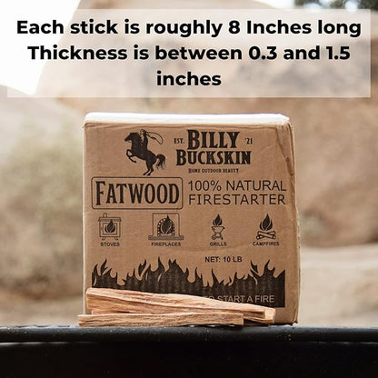 Billy Buckskin 10 lbs. Fatwood Fire Starter Sticks Camping Essentials | Great Fire Logs and Fire Starters for Campfires, Wood Stoves, Fireplaces, Bonfires | Start a Fire with 2 Sticks | 10 lb Box