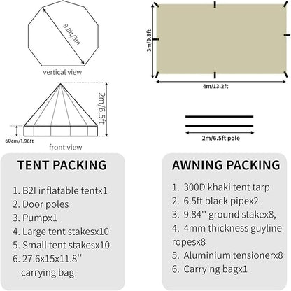DANCHEL OUTDOOR B2I Waterproof Inflatable Camping Tent with Stove Jack for 1-3 Person, No Center Pole Portable Blow up Galmping Yurt with Pump, 300D Oxford Polyester Bell Tent Hiking, 29lbs, 3m