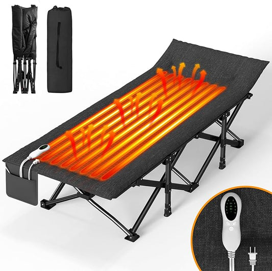 ZENPETIO Heated Camping Cot for Adults, Durable Foldable Cot Bed with Pad & Carry Bag, Portable Sleeping Cot for Camping Home Guest Stay, Direct Plug-in Design for Reliable Heating, Black