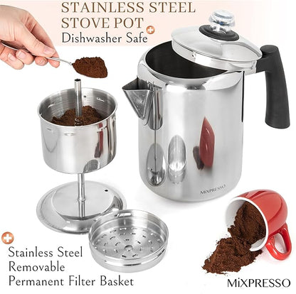 Mixpresso Stainless Steel Coffee Percolator Stovetop, 37oz Classic Percolator Coffee Pot, Excellent For Camping Pot, 5-8 Cup Stove Top Coffee Maker, Cool-Touch Handle