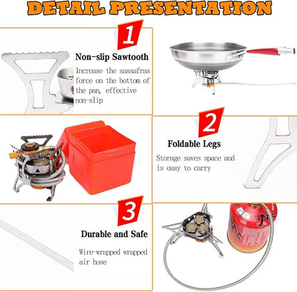 SVNVIOZ Camping Stove, Windproof Backpacking Stove with 3 Burner Cores, Piezo Ignition, Storage Box, 2 Types Fuel Canister Adapters, Camping Gear Portable Stove for Outdoor Camping Hiking Cooking