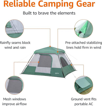 Amazon Basics Instant Camping Tent with Rainfly, Weather-Resistant, Quick Setup