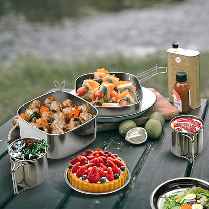Backpacking Camping Cookware Mini Picnic Camping Cooking Mess Kit, Stainless Steel Pots Pan Plates Set for Hiking, Backpacking, Bushcraft and Picnic, Camping, Included Carry Bag