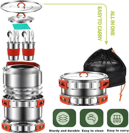 Camping Cooking Set,Camping Cookware Mess Kit,304 Stainless Steel Camping Pot and Pan Set with Kettle Cups Plates Forks Knives Spoons for Camping, Picnic, RVs for 2 People