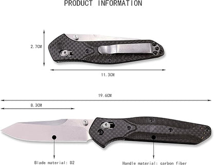 HUAAO 7.7in EDC Pocket Knife, 3.6in Reverse Tanto Blade with Thumb Stud, Plain Edge D2 Steel, Black Carbon Fiber Handle with Belt Clip Axis Lock Mechanism for Outdoor Camping