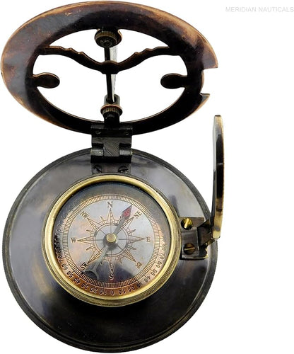 Brass Sundial Compass -Drum Sundial with Stamp Leather Box.Maritime Nautical Antiques Nautical Reproduction