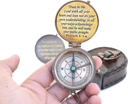 Trust in The Lord with All Your Heart -Proverbs 3: 5-6 Quote Engraved Compass with Leather Box, Compass Gift, 2023 Graduation Day Gifts- Baptism Gifts Compass