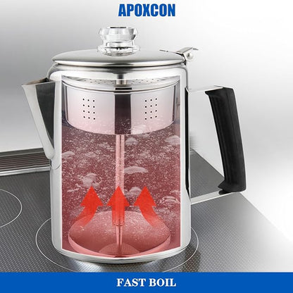 Multi Use Percolator Coffee Pot Stainless Steel Stove Top Coffee Maker with Two Borosilicate Glass Knob Silica Handle Camping Coffee Pot Using on Campfire Stove & Induction Cooker Silver 9 Cup