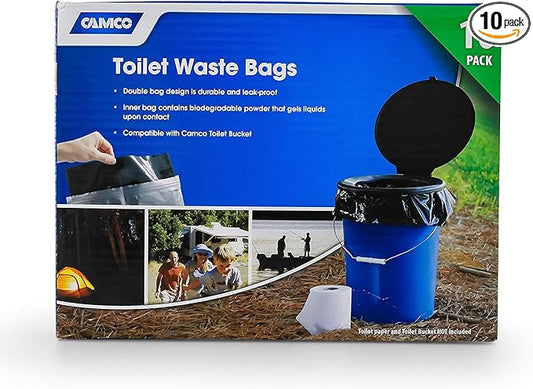 Camco Toilet Waste Bags - Features Biodegradable Powder & Leak Proof Double Bag Design - Great for Camping, RVing, Hiking, or Boating - 10-Pack (41548)