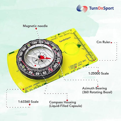 TurnOnSport Orienteering Compass - Advanced Scout Compass for Hiking, Camping, and Backpacking - Best Survival Gifts for Kids