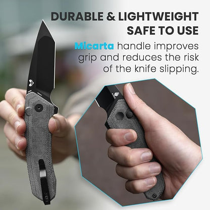 Kizer Mad Tanto Pocket Knife, Black 154CM Steel Folding Knife for Men Women, Tactical Hunting Knives with Micarta Handle, Small Survival Knife, Portable EDC Self Defense Knife, V4602C1