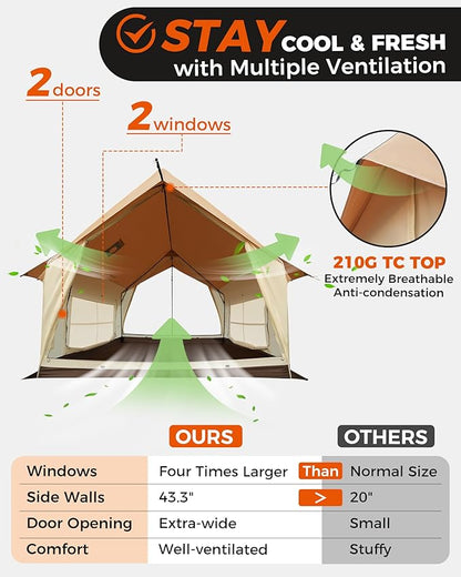 KingCamp Camping Tent 6-8 Person, Weatherproof Hot Tent Large Family Cabin Tents with Stove Jack, Waterproof & Windproof for Family Camping & Outdoor Parties
