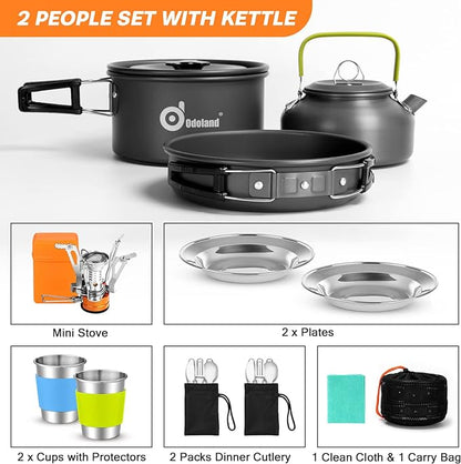 Odoland 16pcs Camping Cookware Set with Folding Camping Stove, Non-Stick Lightweight Pot Pan Kettle Set with Stainless Steel Cups Plates Forks Knives Spoons for Camping Backpacking Outdoor Picnic