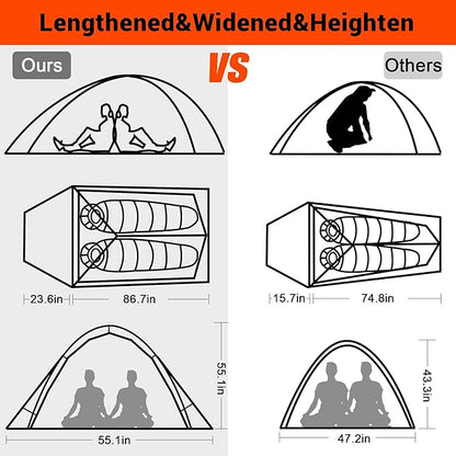 2 Person Camping Tent with 3 Aluminum Alloy Poles, 4 or 3 Season Waterproof Tent, Double Layer,Easy Setup, 2 Doors for Outdoor Hiking,Mountaineering,Survival,Travel