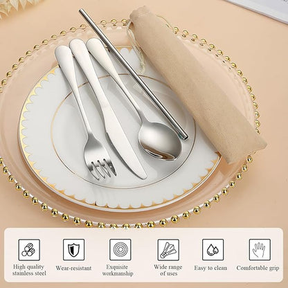Kyraton Camping Silverware Set 4 Pieces with Portable Base, Stainless Steel Flatware Camping Utensil Set Travel Cutlery Set for Outdoor Picnic Office School Farm Work Lunch Box
