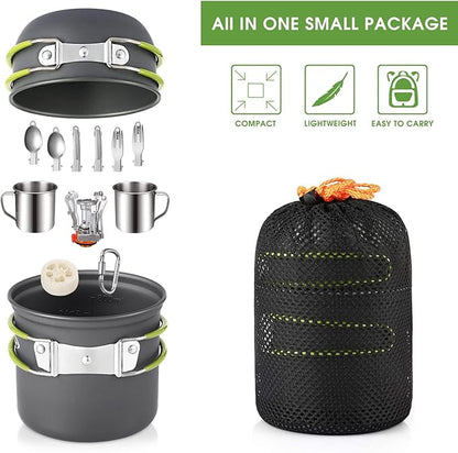 G4Free Camping Cookware Mess Kit 19 Pieces Hiking Backpacking Picnic Cooking Bowl Non Stick Pot Pan Knife Spoon Set 19PCS (Green)