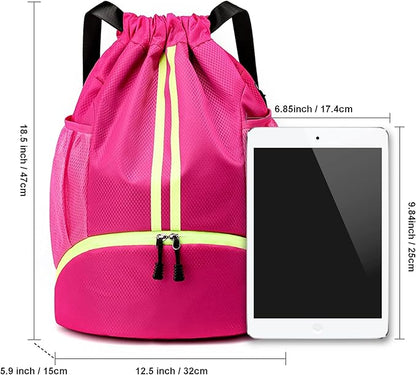 Drawstring Backpack Sports Gym Sackpack with Side Mesh Pockets Shoe Compartment Water Resistant String Bag for Women Men (Rose Red)