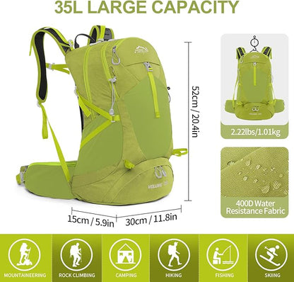 Hiking Backpack,35L Waterproof Hiking Daypack with 3L Water Bladder and Rain Cover, Lightweight Travel Camping Backpack for Men Women (Fruit green)