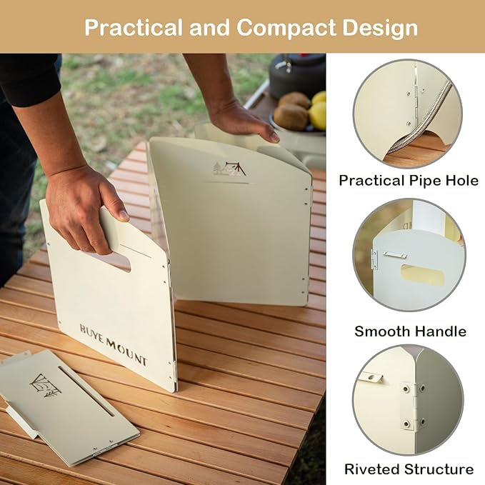Stove Windscreen - Folding Camping Stove Windshield 4 Plates Stainless Steel Stove Windscreen with Shelf Board for Outdoor, Picnic, Backpacking and Cooking Beige