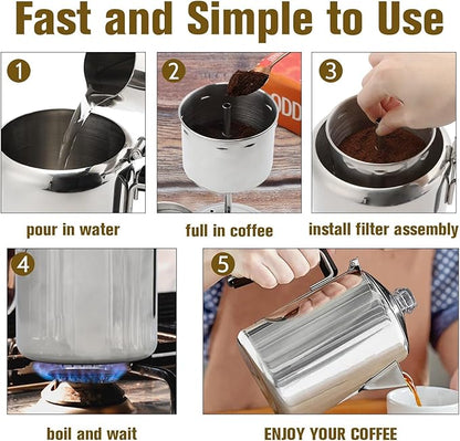 Hillbond 9 Cup Percolator Coffee Pot, Stainless Steel, Outdoor Camping, 72.0 fl oz