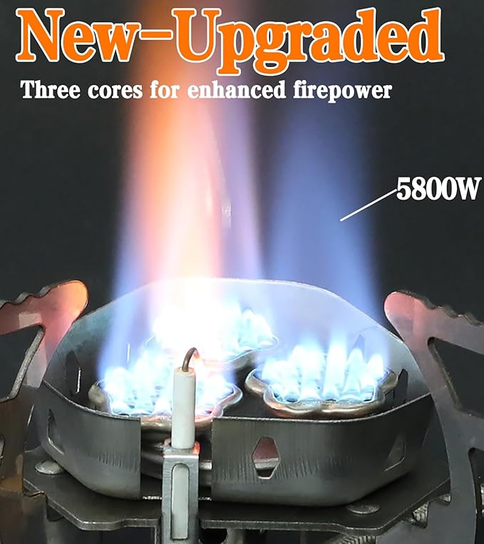 SVNVIOZ Camping Stove, Windproof Backpacking Stove with 3 Burner Cores, Piezo Ignition, Storage Box, 2 Types Fuel Canister Adapters, Camping Gear Portable Stove for Outdoor Camping Hiking Cooking