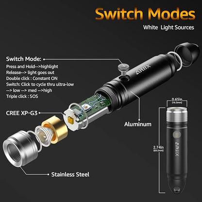 ARIIX Super Bright Outdoor EDC Mini Keychain Led Flashlight High 650 Lumens,Waterproof Rechargable Small Torch for Camping and Emergency,Best Gifts for You