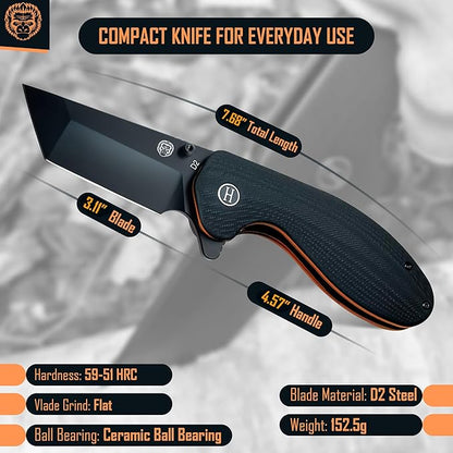 Holtzman's Gorilla Survival Folding Knife D2 Steel Blade G10 Handle Pocket Knife EDC Giftset for Men and Women (black blade + black/orange liner)