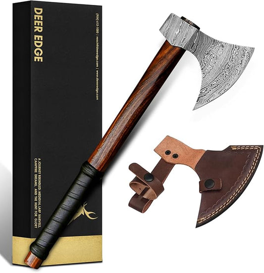 Damascus Axe | Wooden Axe | Axe with Leather Sheath | Straight Handle with Black Wrapping
