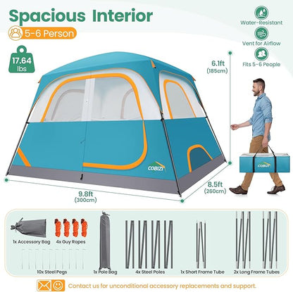 COBIZI Camping Tent, 4/6 Person Easy Setup Waterproof Windproof Backpacking Tent with Removable Rainfly, Lightweight Portable Outdoor Family Tents for Camping, Travel, Fishing, Hiking, Scouts