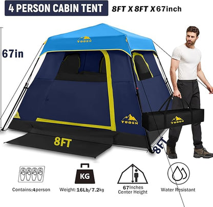 3/4 Person/6 Person Camping Tent Fast Cabin Tent with Instant Setup Tent, Weatherproof Tent Easy Quick Set Up & Pop Up in 60 Seconds with Rainfly Backpack for Family Camping,Upgraded Ventilation