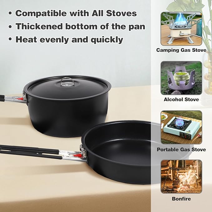 REDCAMP Camping Cookware Mess Kit with Folding Handle, Lightweight Non-Stick Camping Cooking Pot and Frying Pan with Mesh Bag for Outdoor Hiking Backpacking Picnic