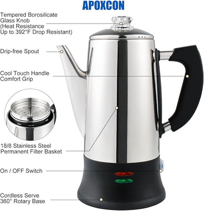 Electric Coffee Percolator Stainless Steel Coffee Maker with Heat Resistant Tough Glass Clear Brew Progress Knob, Keep Warm & Cordless Serving Classic Coffee Pot with On/OFF Switch 12 Cup