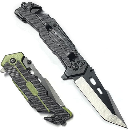 HELLOWZXD Folding Pocket Knife - Glass Breaker,Strap Cutter,7mov13 Stainless Steel Tanto Folding Knives - Smoothy Ball Bearing,Aluminum Handle w Clip EDC Knife for Survival Camping Hiking