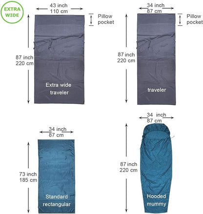 Browint Silk Sleeping Bag Liner, Silk Sleep Sack, Extra Wide 87"x43", Lightweight Travel Sheet for Hotels, More Colors for Option, Reinforced Gussets
