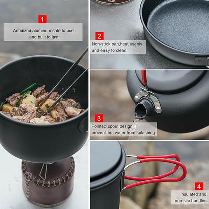 Alocs Camping Cookware Set,Durable Aluminum Camping Cooking Set, Compact Camping Pots and Pans Set with Kettle, Non-Stick Camping Pan Camping Essentials for Outdoor Cooking, Hiking, and Picnics.